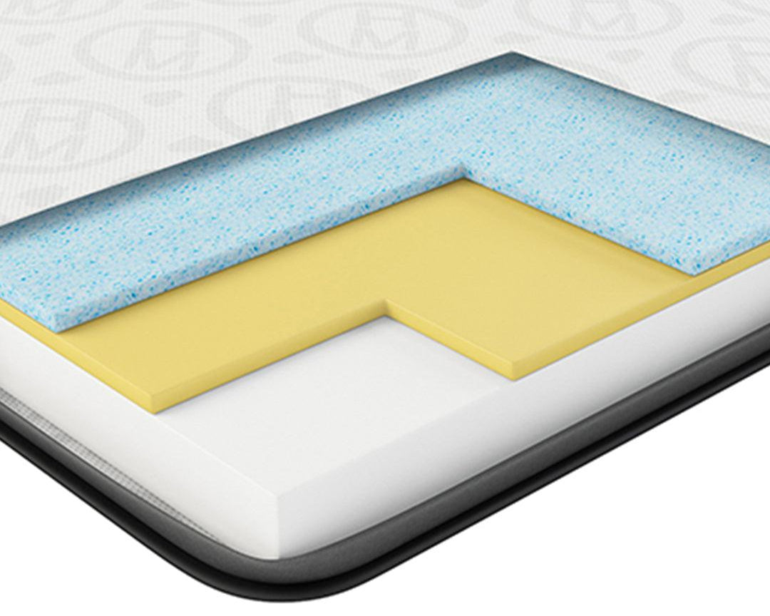 Cross-section view of the HIBER8 Mattress showcasing its multi-layered construction, including cooling gel-infused foam and supportive NaturFoam layers. The image highlights the advanced design of the mattress, which combines eco-friendly materials for pressure relief, motion isolation, and temperature regulation, all wrapped in a bamboo fabric cover.