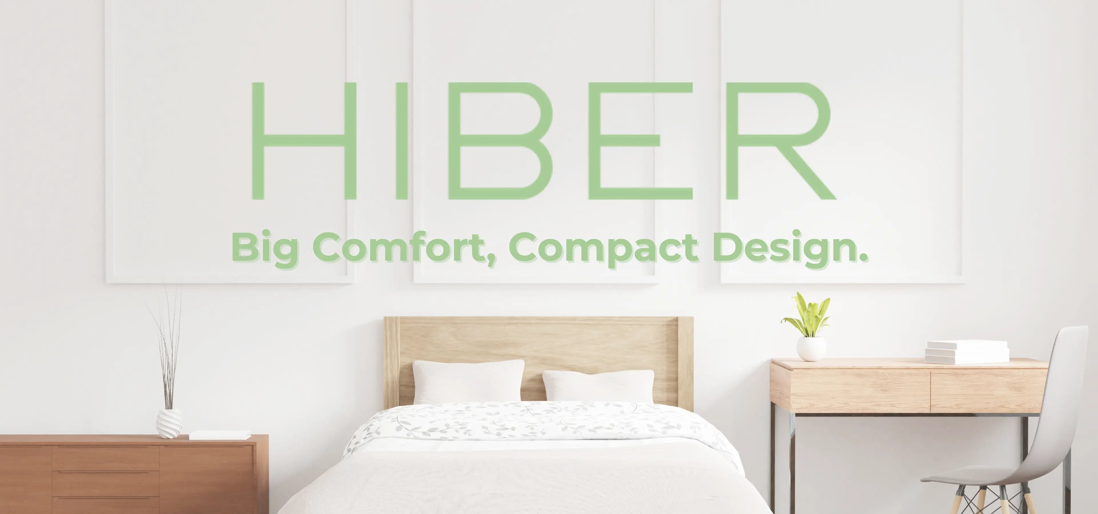 HIBER low-profile mattress on a modern wooden bed frame, designed for bunk bed safety and comfort.