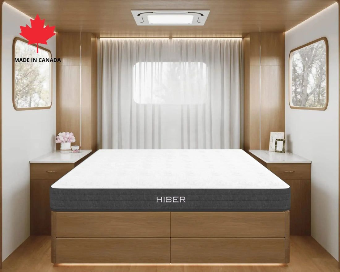 HIBER mattress on a wooden bunk bed frame with Canadian Made label, designed for safe low-profile height and eco-friendly comfort.