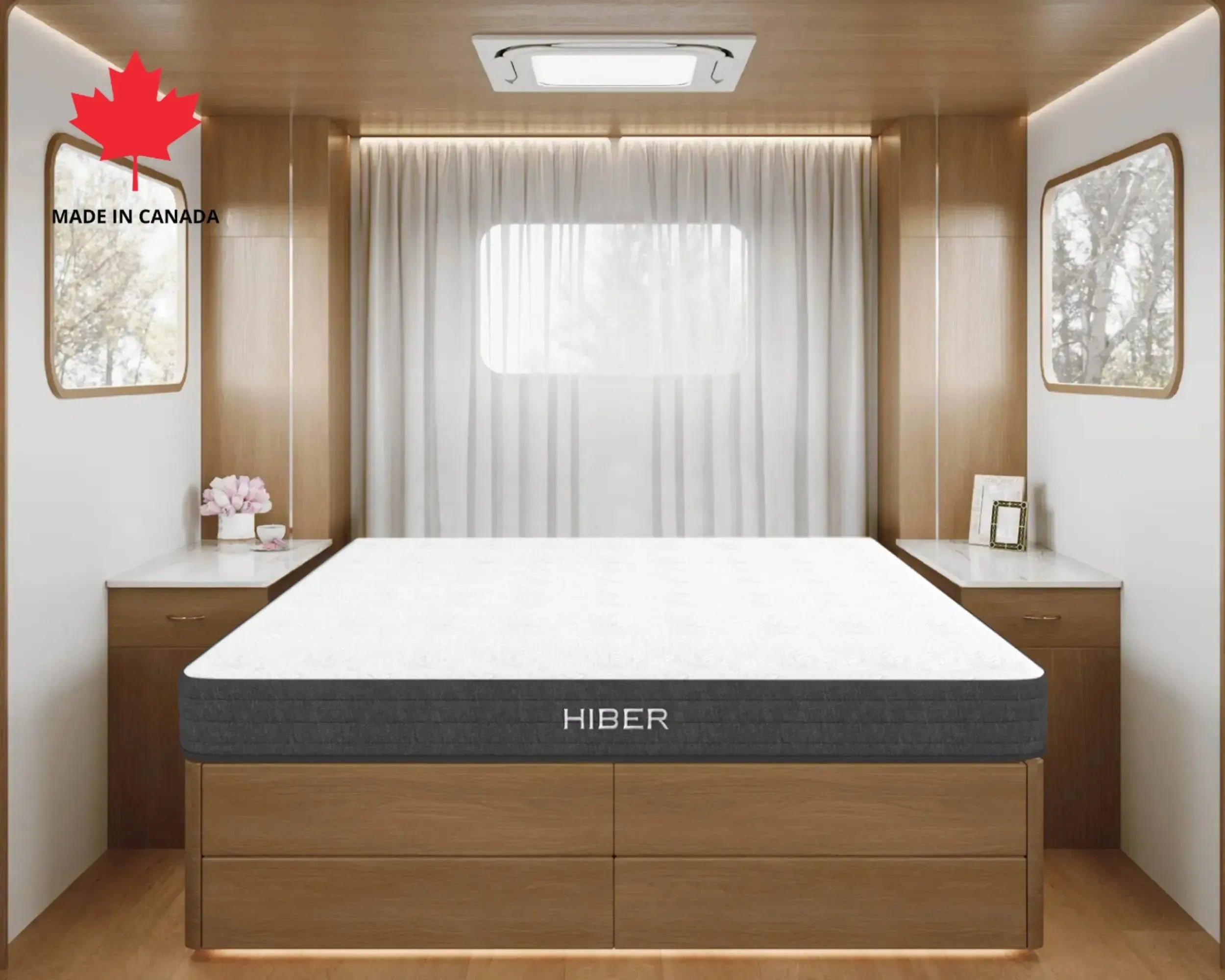 HIBER mattress on a wooden bunk bed frame with Canadian Made label, designed for safe low-profile height and eco-friendly comfort.