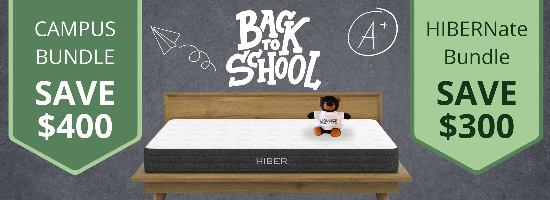Banner with back to school message showcasing Hiber mattress with Nate the Bear sitting on bear. 