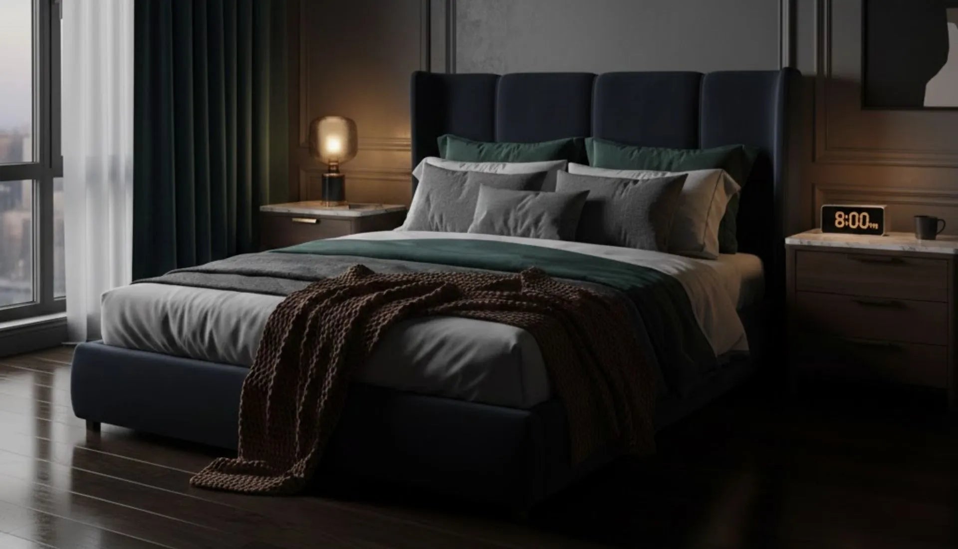 Modern bedroom with a large bed, nightstands, and city view.