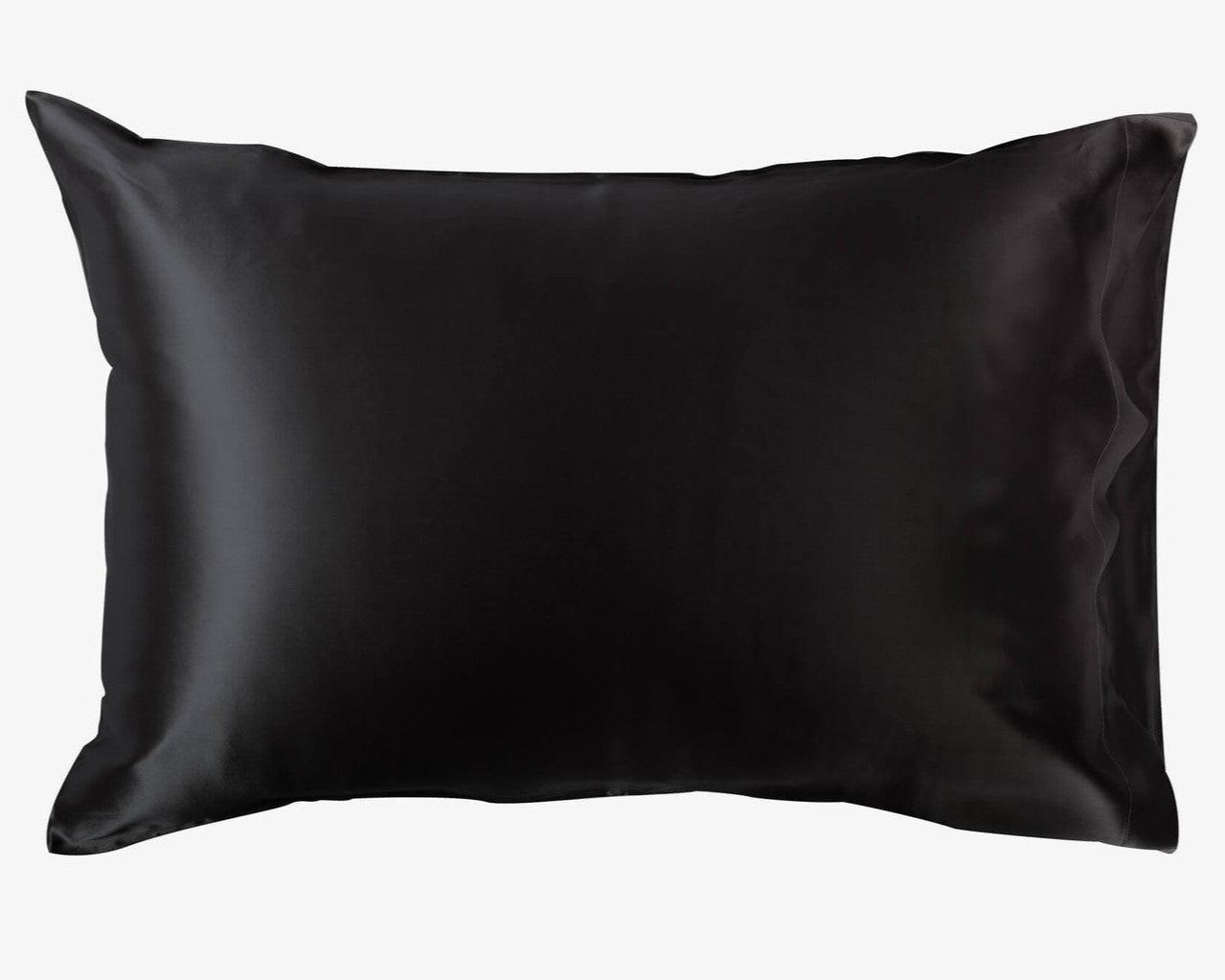 Black satin pillowcase from the Dream Satin Sleep Set, featuring a smooth and glossy finish that is a sustainable and cruelty-free alternative to traditional silk, designed to protect hair and provide a luxurious sleep experience.