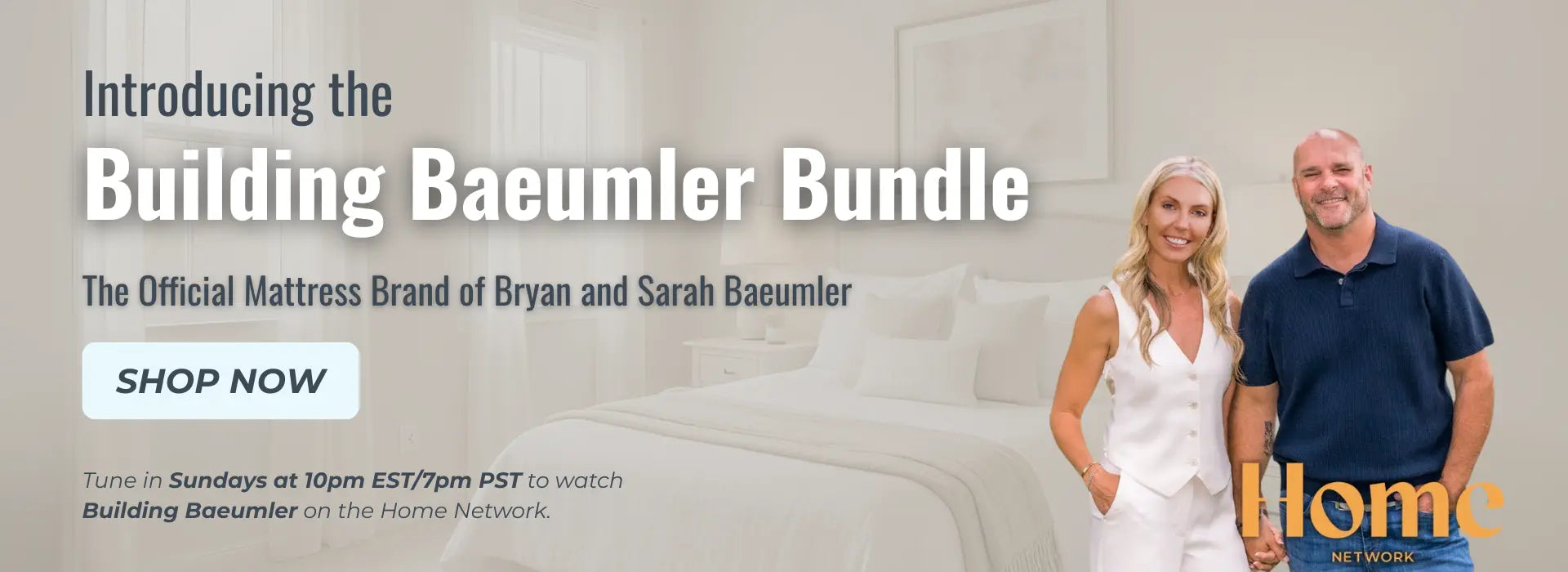 Advertisement for Building Baeumler Bundle with a couple standing next to a mattress, featuring Home Network branding.