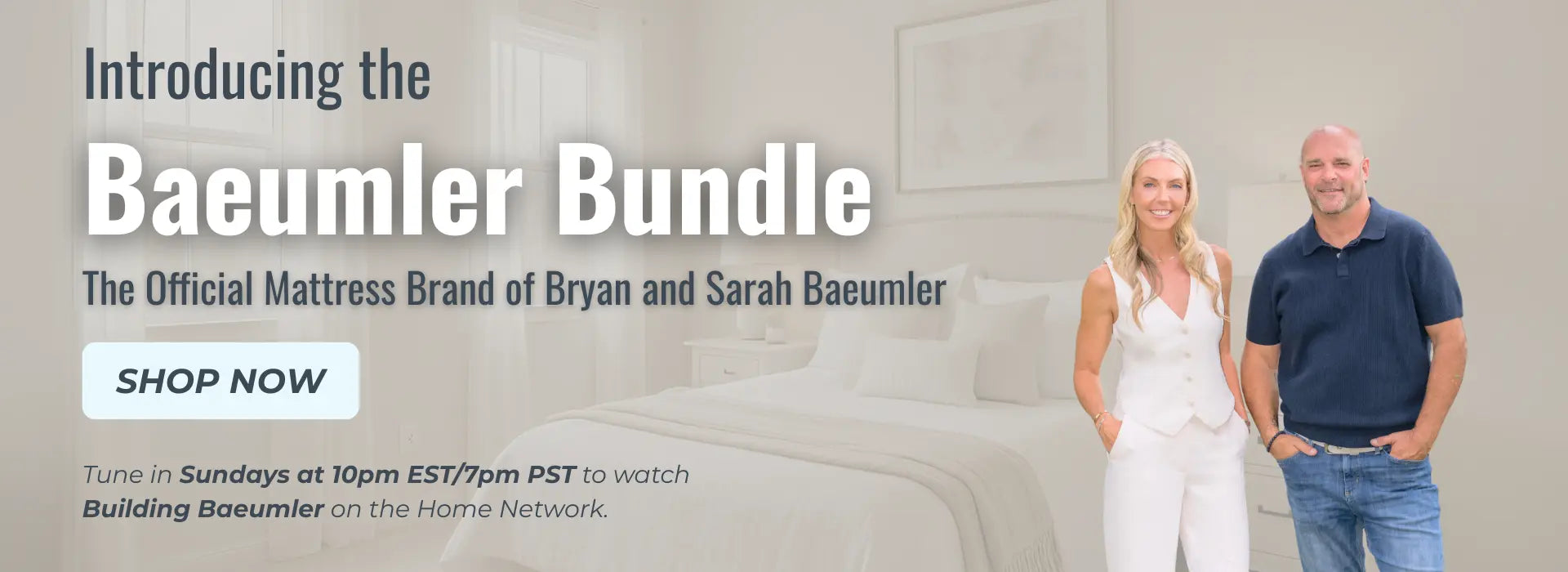 Advertisement for Baeumler Bundle mattress with a man and woman standing next to a bed.