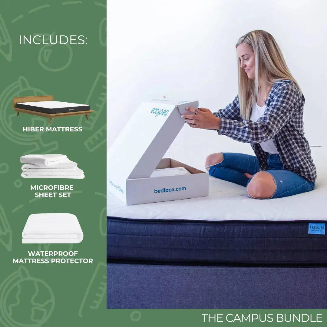 Student unboxing the Campus Bundle, including HIBER NaturFoam Mattress, waterproof protector, and microfiber sheet set.