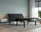 Black adjustable bed in a room with a nightstand and window.