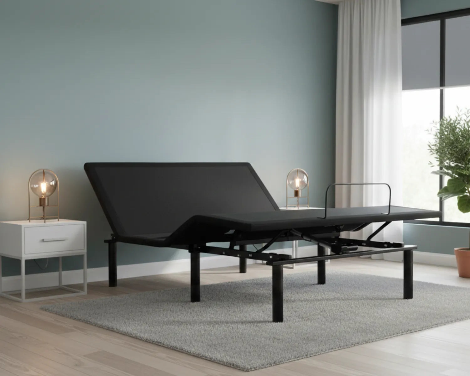 Black adjustable bed in a room with a nightstand and window.