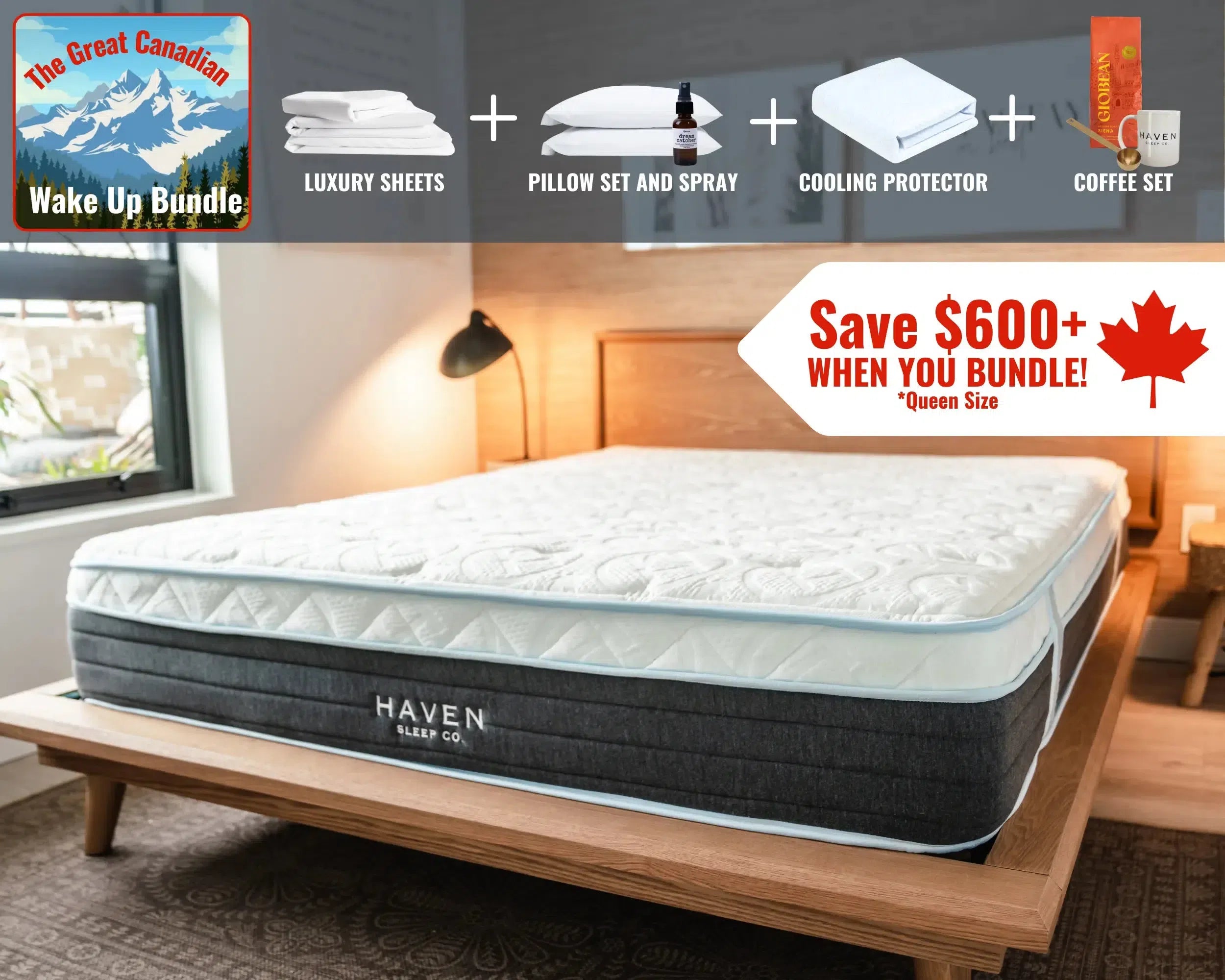 The Great Canadian Wake Up Bundle by Haven Sleep Co. featuring Eurotop mattress, luxury sheets, pillows with sleep spray, cooling protector, and coffee set – save over $600 on Queen size