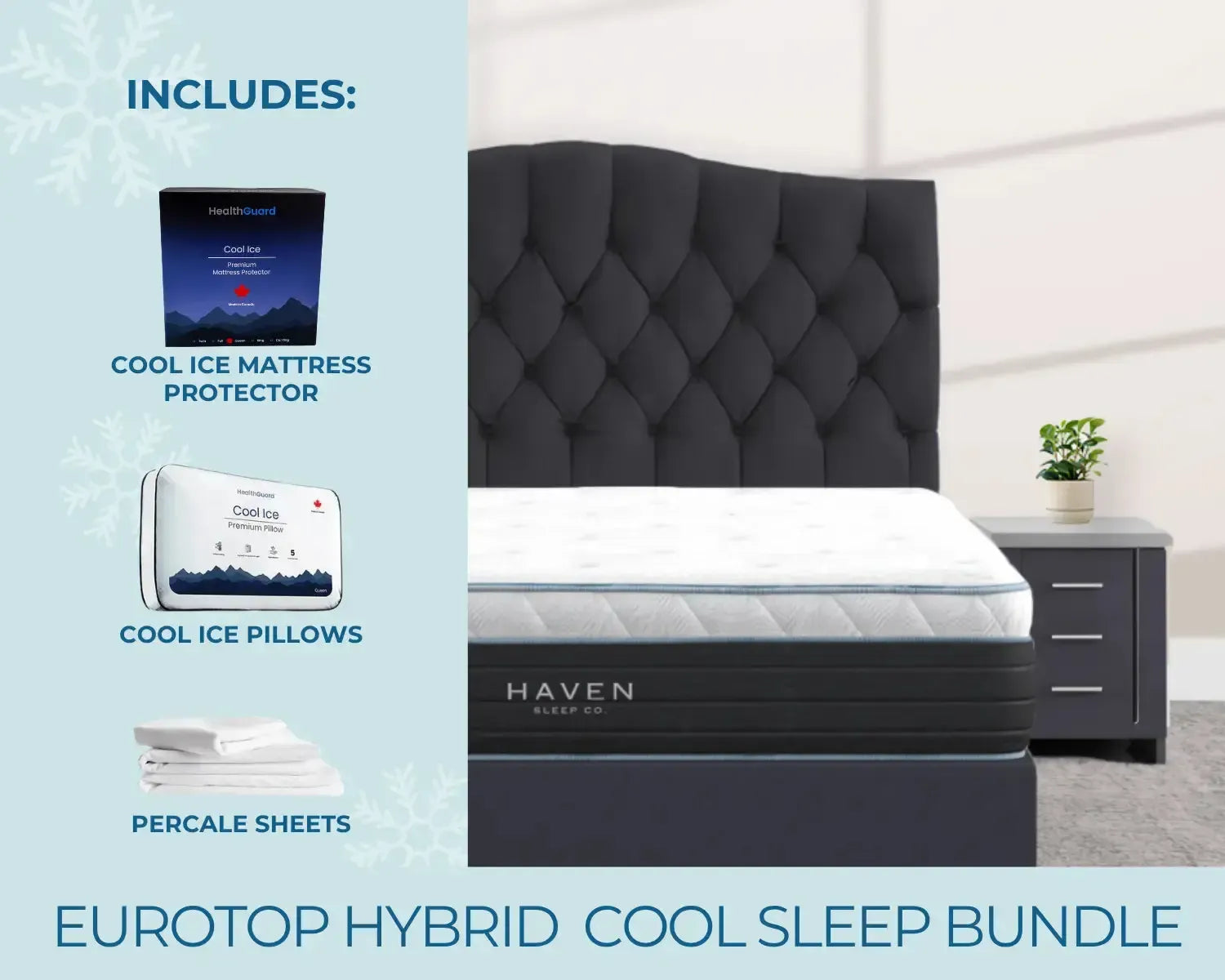 Eurotop Hybrid Cool Sleep Bundle with mattress, pillows, and sheets in a bedroom setting.
