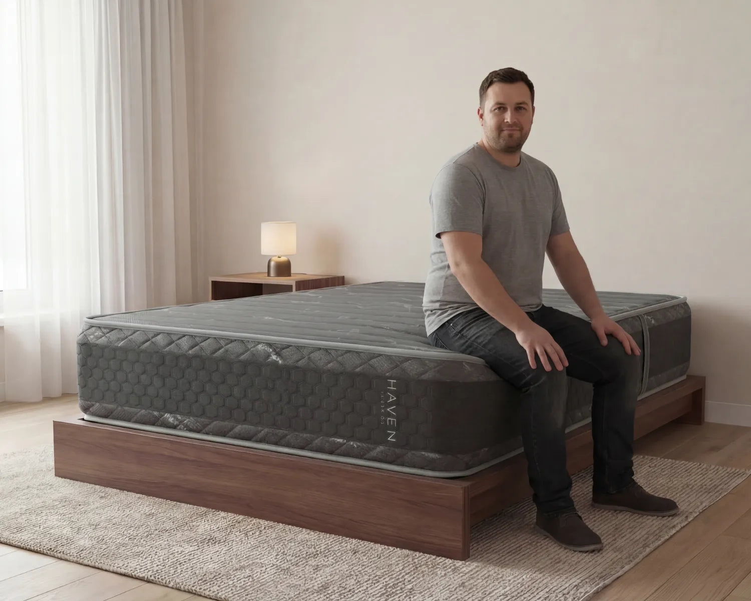 Man sitting on a Haven mattress in a bedroom setting