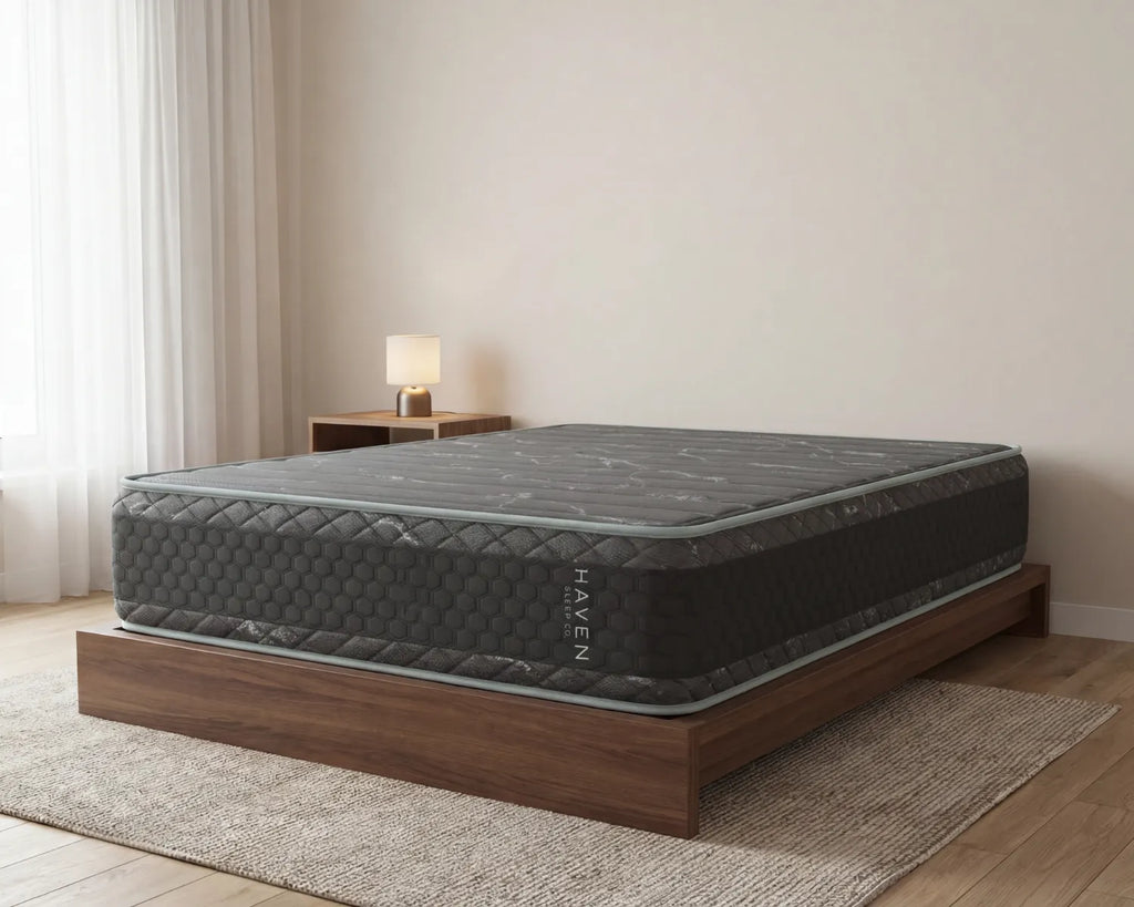 Gray mattress on a wooden bed frame in a room with beige walls and a rug.