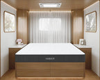 The HIBER8 Mattress displayed in a modern, compact bedroom setting, showcasing its sleek 8-inch profile. The mattress is made in Canada with eco-friendly NaturFoam technology and features a minimalist design that fits perfectly into cozy spaces. The image emphasizes the mattress's ability to optimize space while providing luxurious comfort, placed in a warm, wood-paneled room with soft lighting.
