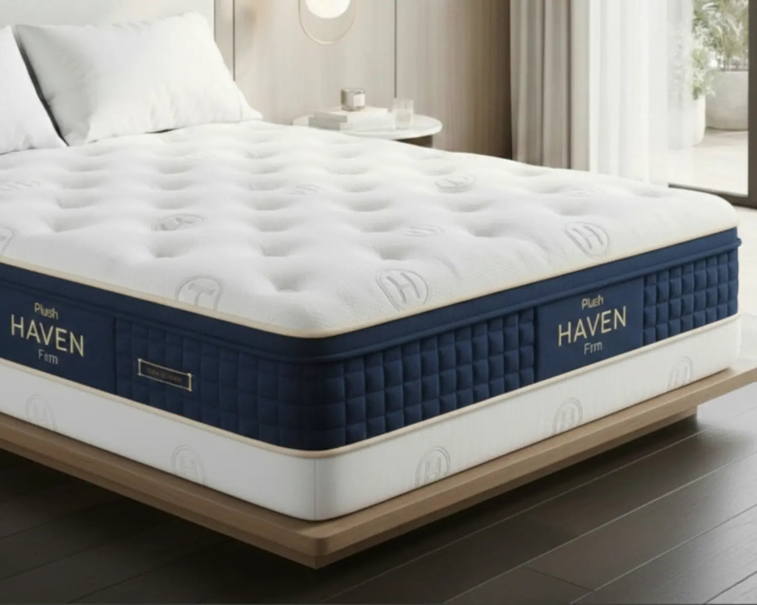 Mattress with 'HAVEN' branding in a bedroom setting