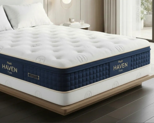 Mattress with 'HAVEN' branding in a bedroom setting