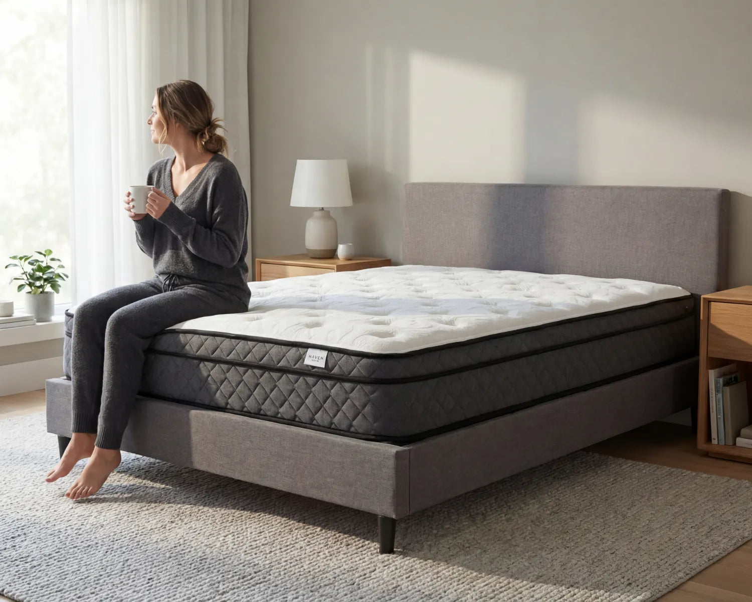 Woman sitting on a bed holding a mug in a bedroom setting