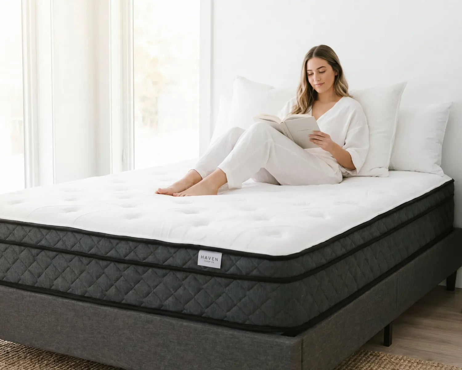 Woman reading a book on a mattress in a bright room