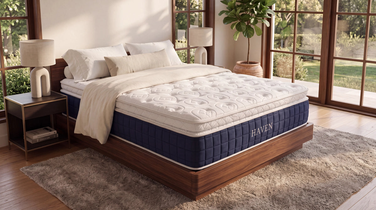 A luxury mattress shown on a wooden bed frame in a beautifully styled bedroom. The mattress features a white quilted top and a navy blue quilted side panel with the brand name 'HAVEN' embroidered on it.