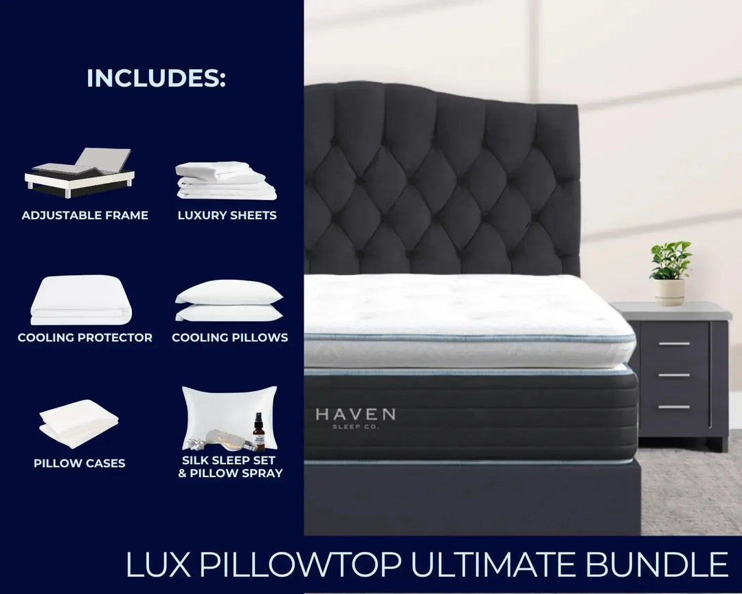 Mattress with headboard and nightstand, featuring Haven Sleep Co. branding, in a bedroom setting.