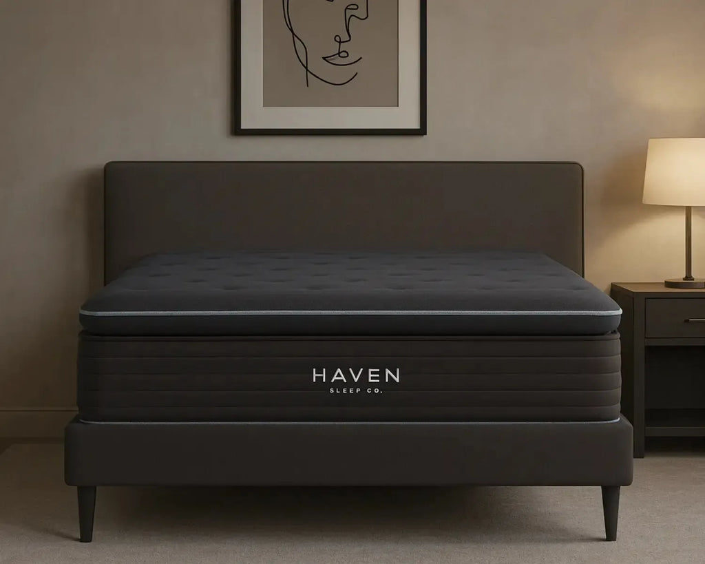 Black Haven mattress on a bed in a room with a lamp and framed art on the wall.