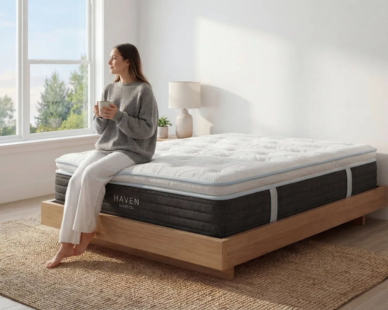 Woman sitting on a Haven mattress in a bright bedroom