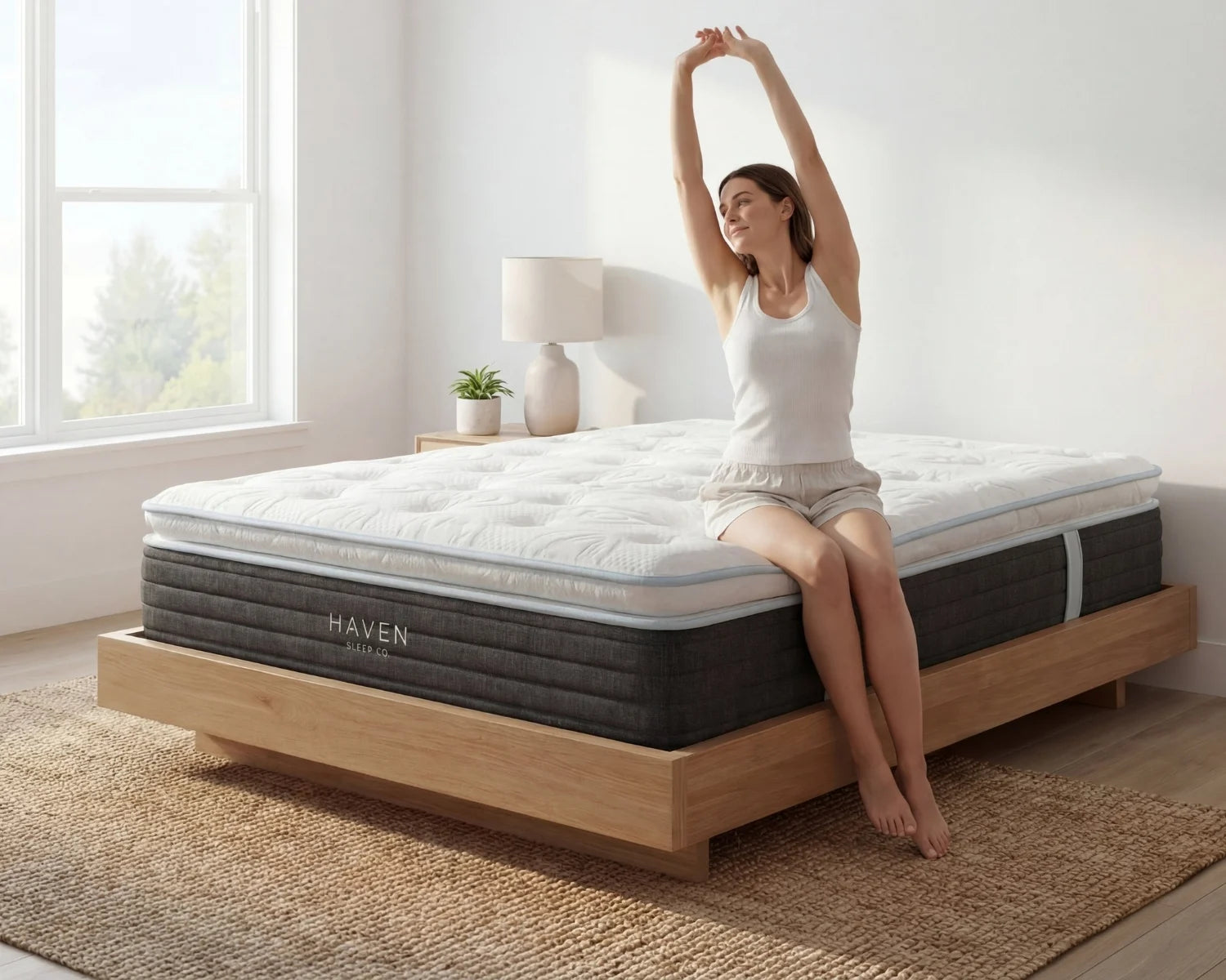 Woman sitting on a Haven mattress in a bright bedroom