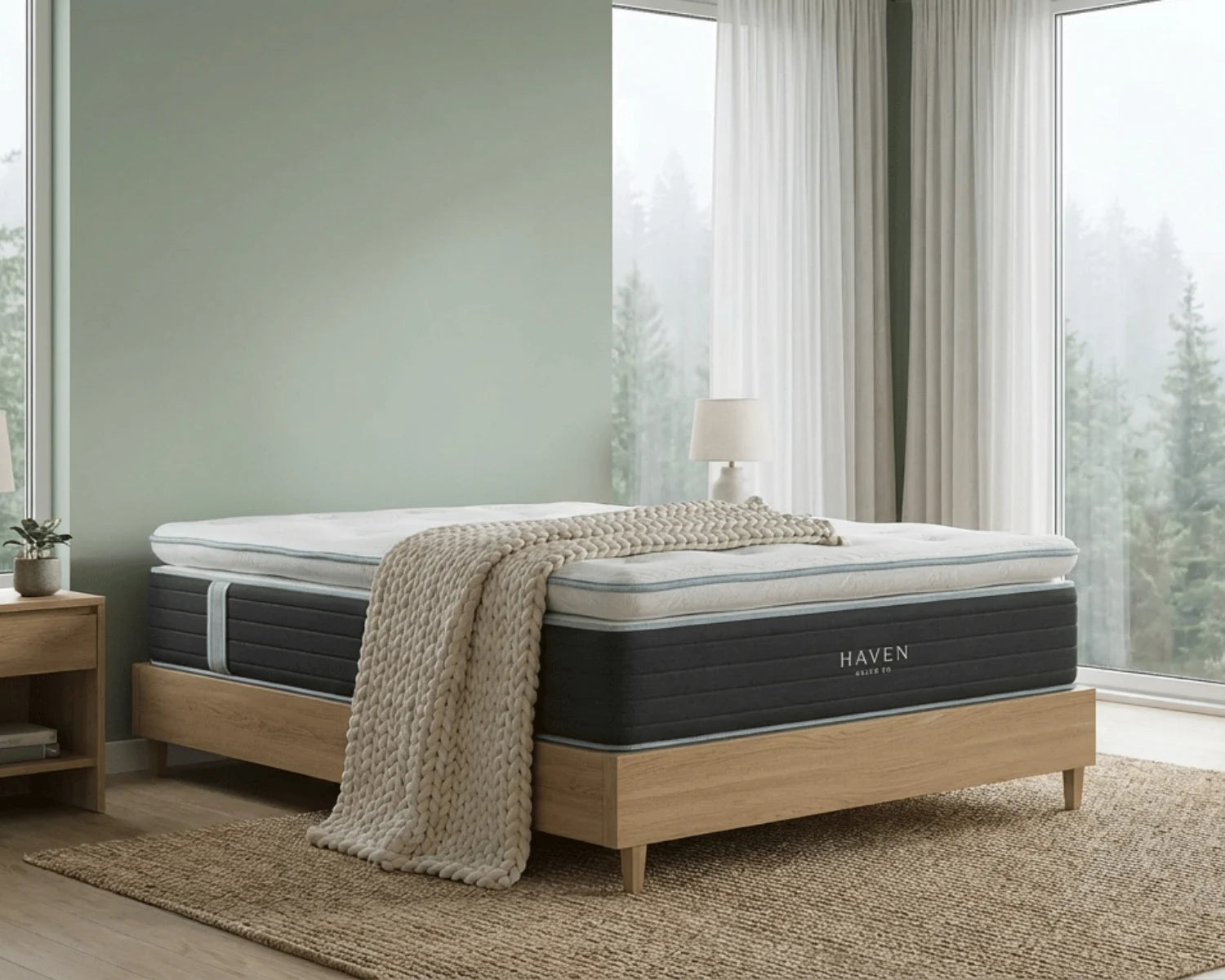 Haven mattress on a wooden bed frame in a room with large windows.