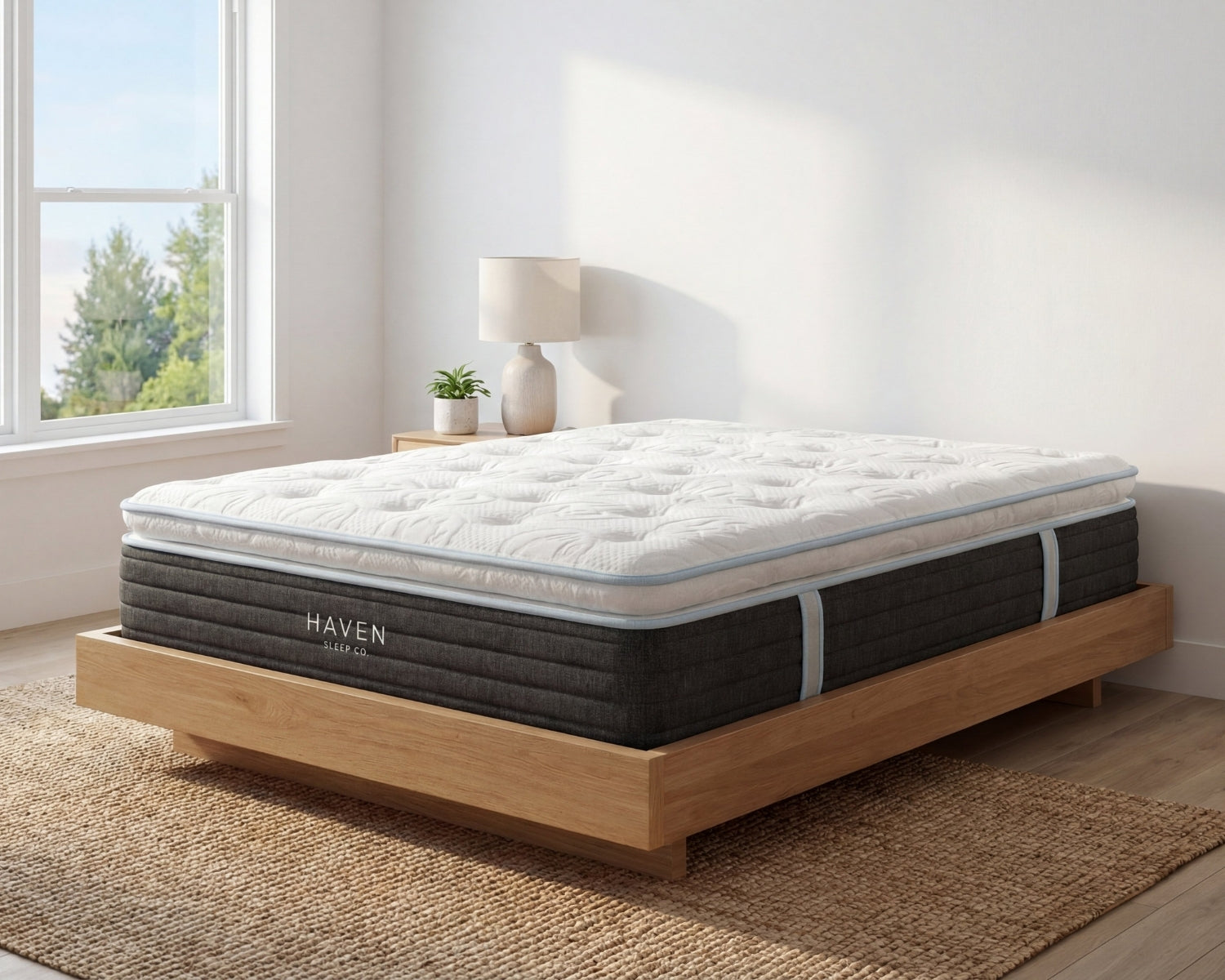 Mattress on a wooden bed frame in a room with a window and decor.