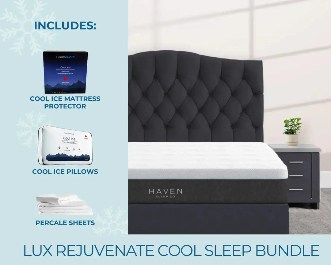 Mattress and bedding bundle with 'Haven' mattress, Cool Ice mattress protector, pillows, and percale sheets on a bed.