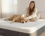 Woman sitting on a bed with a dog, both on a Haven mattress.