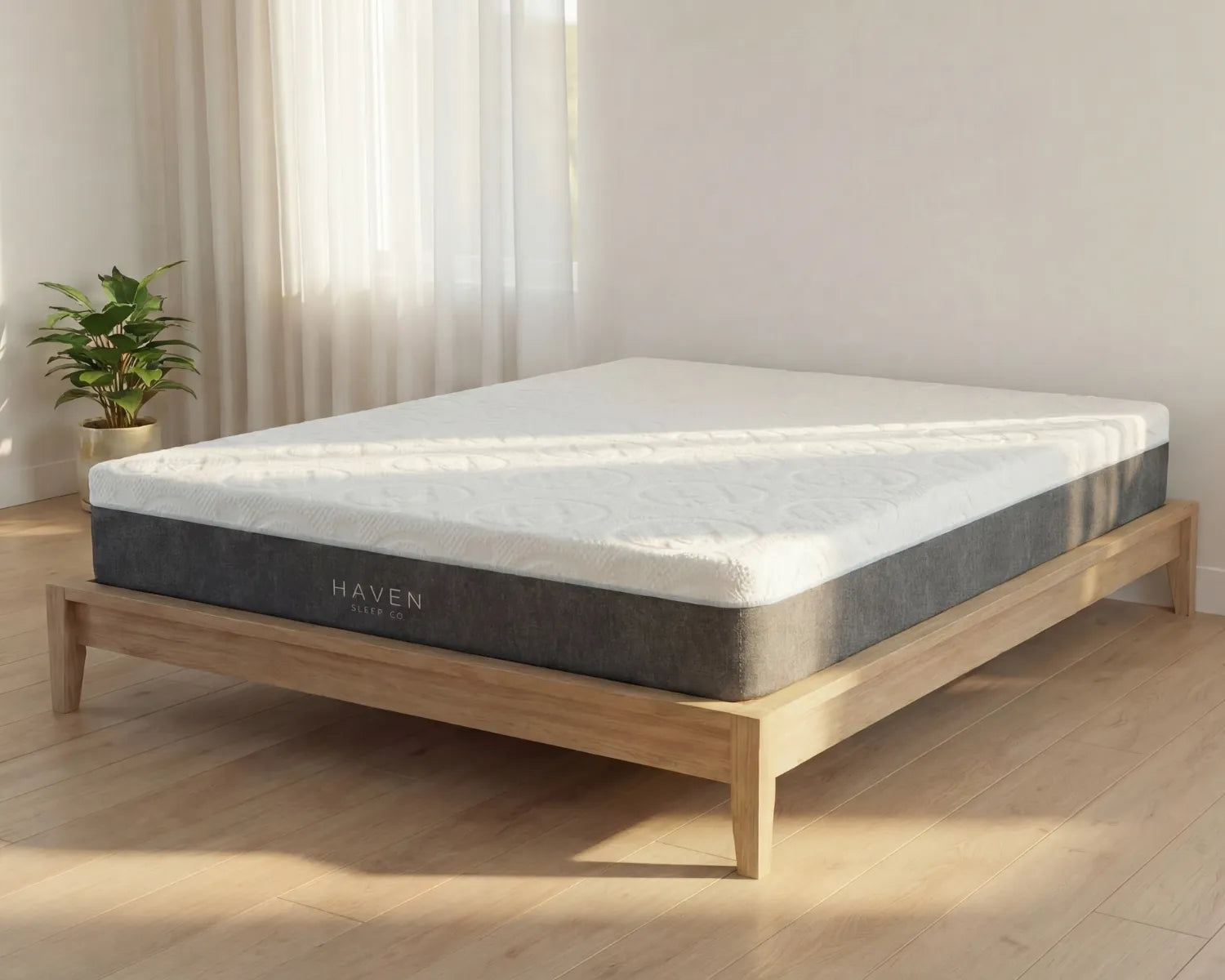 Mattress on a wooden bed frame with 'HAVEN' branding in a room with curtains and a plant.