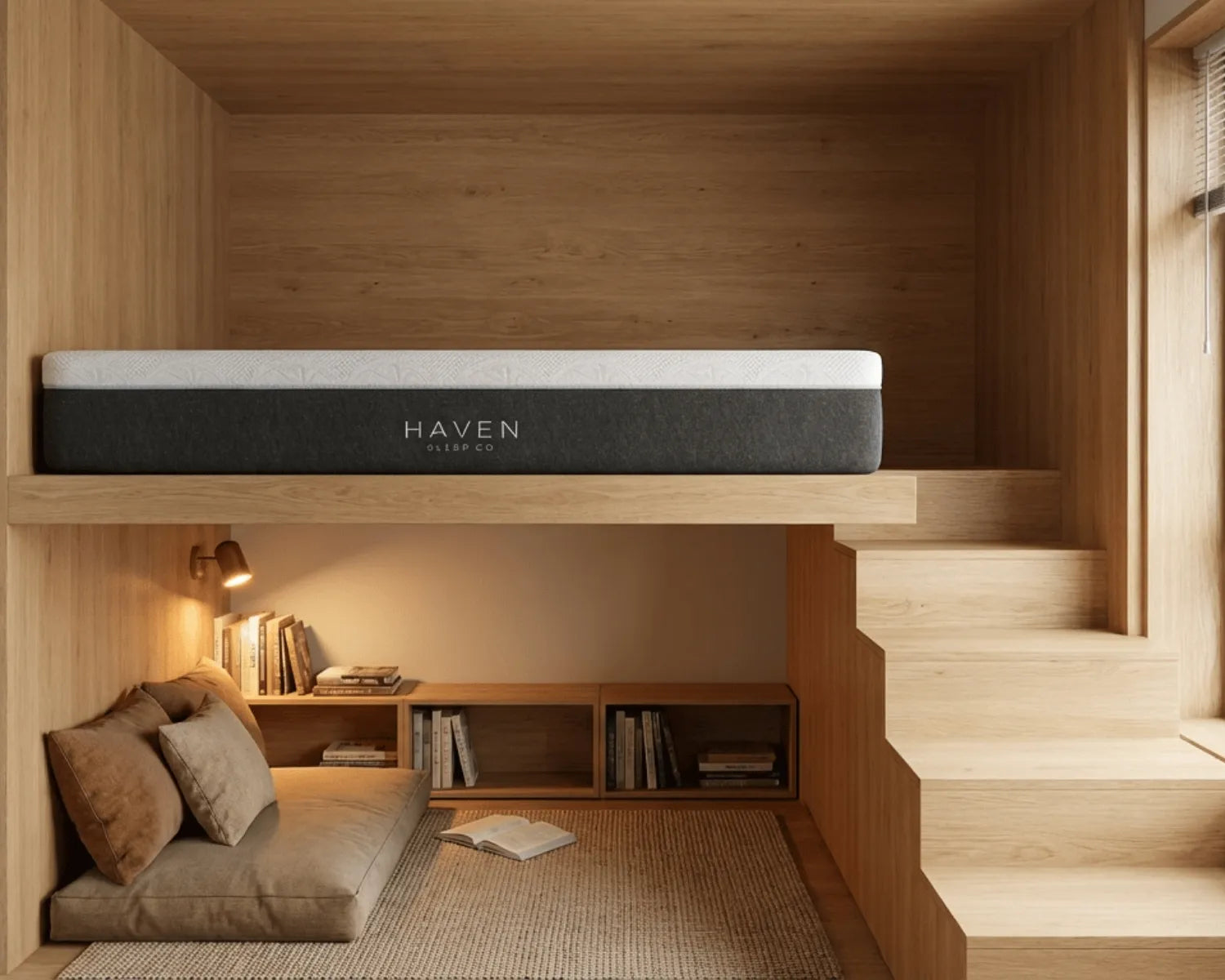 Haven mattress displayed on a wooden shelf in a cozy room with a sofa and books.