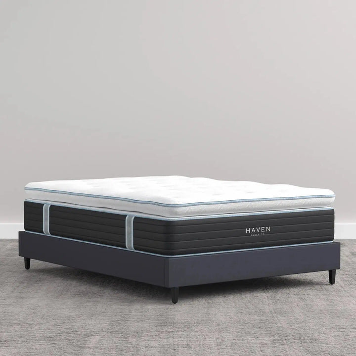 LUX Pillowtop Hybrid mattress by Haven Sleep Co., offering superior comfort and support with natural latex and cooling technology. Plant-based. 
