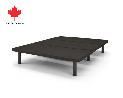 Canadian-made black platform bed frame with sturdy steel legs – perfect foundation for mattress-in-a-box