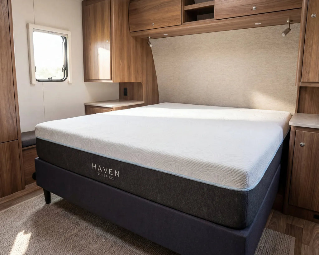 Mattress with 'HAVEN' branding in a compact living space with wooden cabinets and a window.