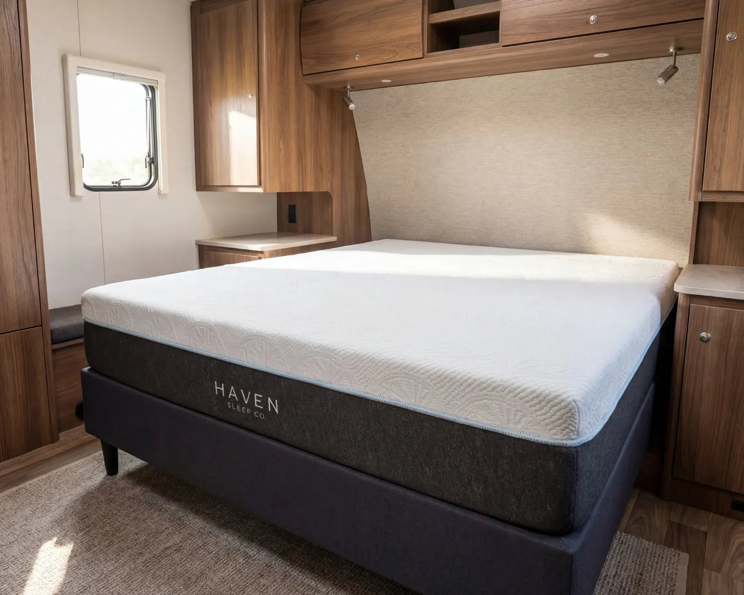 Mattress with 'HAVEN' branding in a compact living space with wooden cabinets and a window.