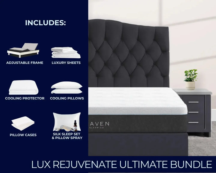 Bedroom setup with Aven mattress and headboard, including accessories on a blue background.