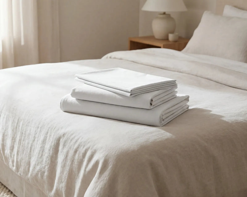 Stack of white folded bed sheets on a bed in a bedroom setting
