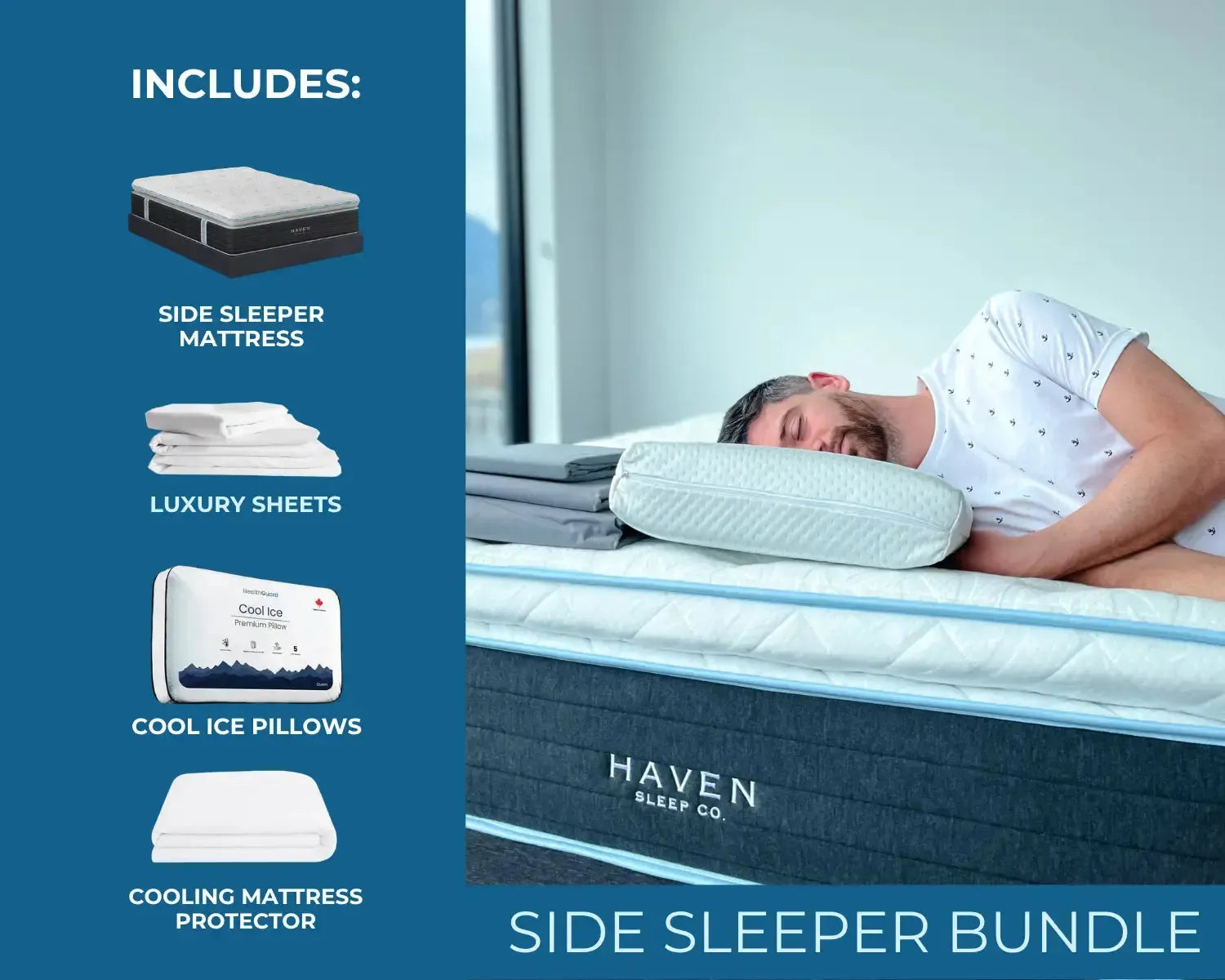 Person lying on a Haven mattress with product components listed on the left.