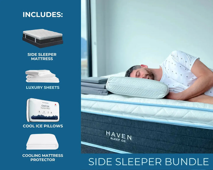 Person lying on a Haven mattress with product components listed on the left.