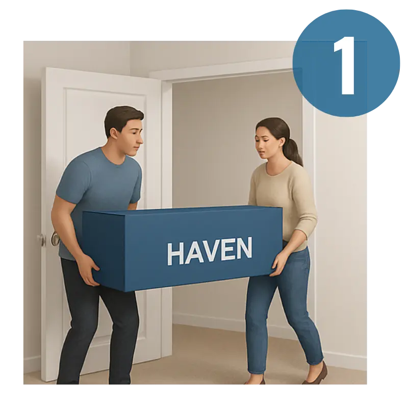 Two people carrying a large blue box labeled 'HAVEN' into a room.