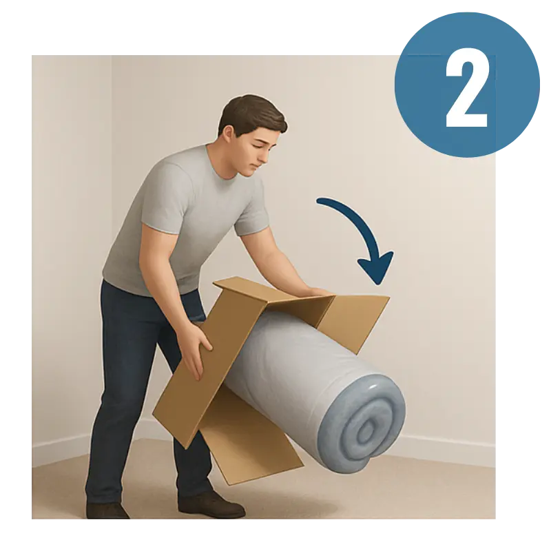 Person unrolling a carpet with cardboard support, step 2 indicated by a blue circle with number 2.