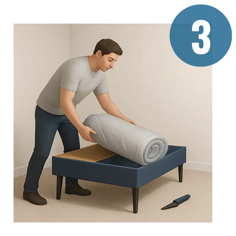 Man unrolling a carpet on a blue platform with a beige wall background