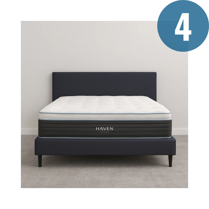 Mattress with Haven branding on a bed frame against a plain wall.