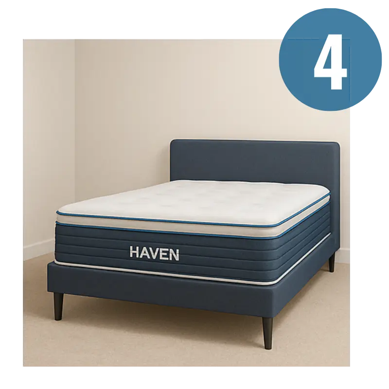 Blue Haven mattress with a white top on a beige bed frame against a beige wall.
