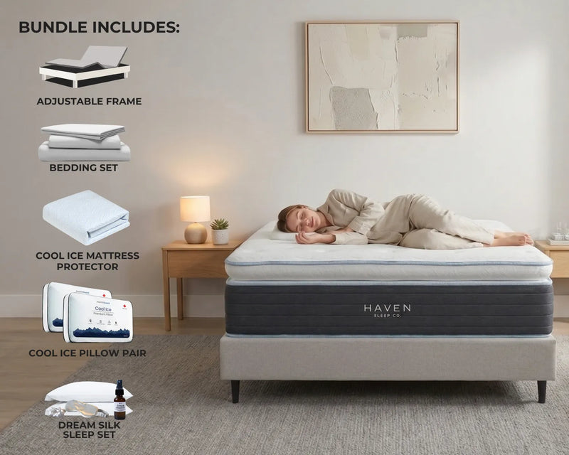 Bedroom scene with Haven mattress and bedding set, including a person lying on the mattress.