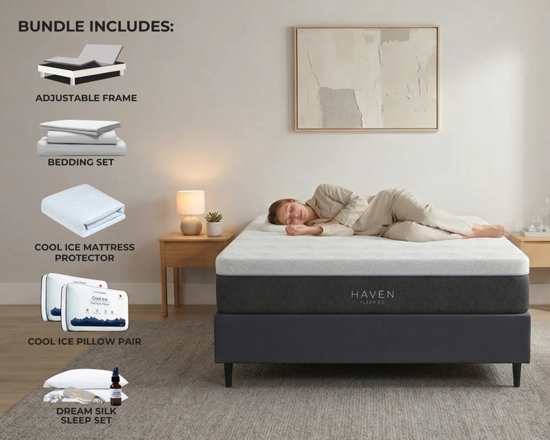 Person lying on a Haven mattress in a bedroom with bedding set and accessories displayed.