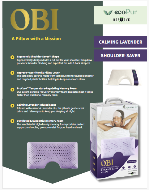 Promotional poster for the OBI Lavender Infused Shoulder-Saver Gel Foam Pillow featuring key benefits like ergonomic design, eco-friendly Repreve cover, ProCore memory foam, and calming lavender scent, alongside product images and packaging.