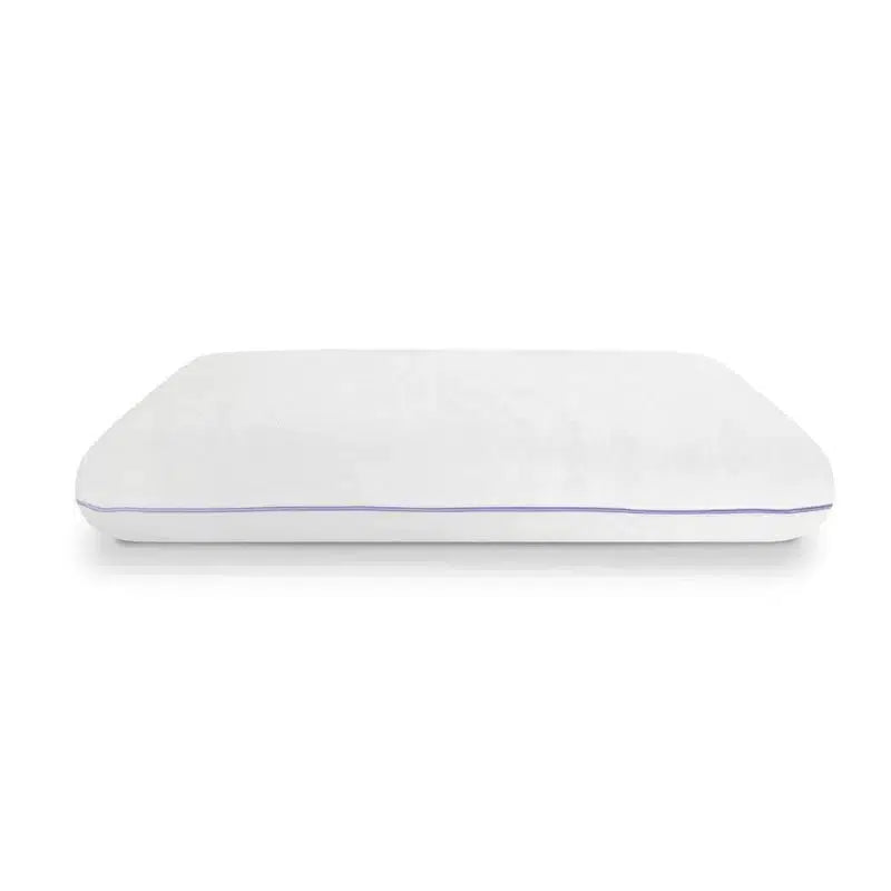 Front view of a Lavender Infused Gel Foam Pillow with a sleek, flat design, covered in a soft, cozy white cover with subtle lavender piping, offering both comfort and temperature regulation.