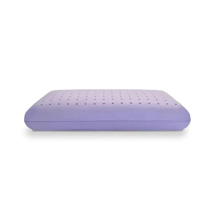 Flat view of the Lavender Infused Gel Foam Pillow, showcasing its lavender color and perforated surface designed for ventilation and cooling comfort.